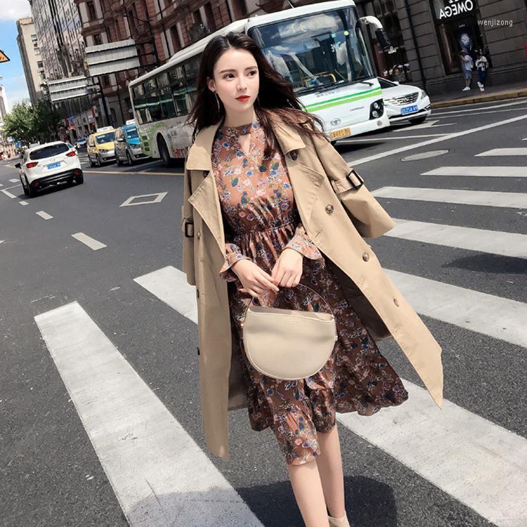 

Women' Trench Coats 2022 Autumn Korean Version Turn-down Collar Three Quarter Sleeve Long Khaki Sashes Coat