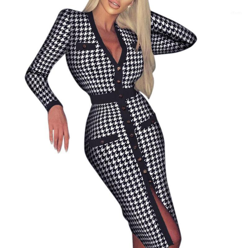 

Casual Dresses 2022 Women Spring Houndstooth Print Long Party Dress Elegant V-neck Button Slit Office Lady Sexy Sleeve Bodycon, Photo color 2
