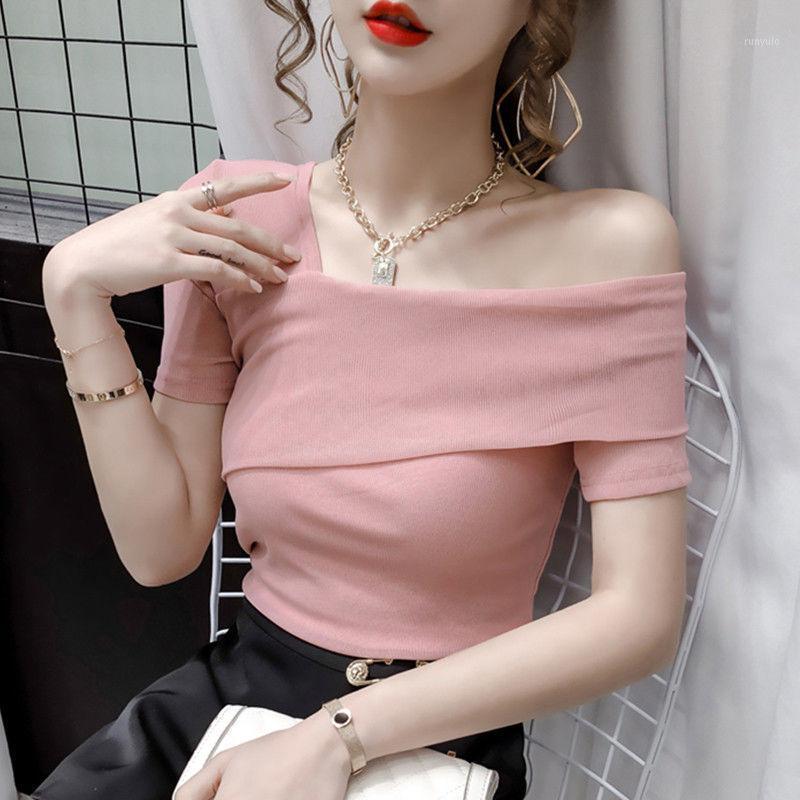 

One-shoulder Slim Short-sleeved T-shirt Female Design Sense Niche Summer Oblique Collar Off-shoulder Clavicle Top Ins Women, Black