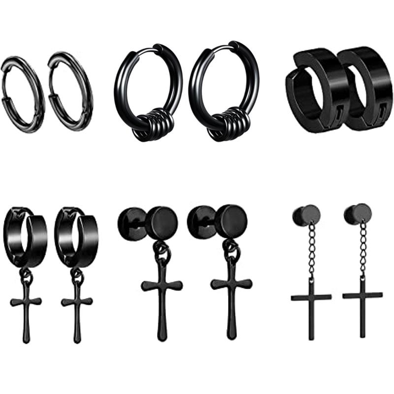 Hoop Huggie Pairs Mode Punk Hommes Boucles D'oreilles En Acier Inoxydable Noir Croix Goutte Cool Style Classique 857Hoop
