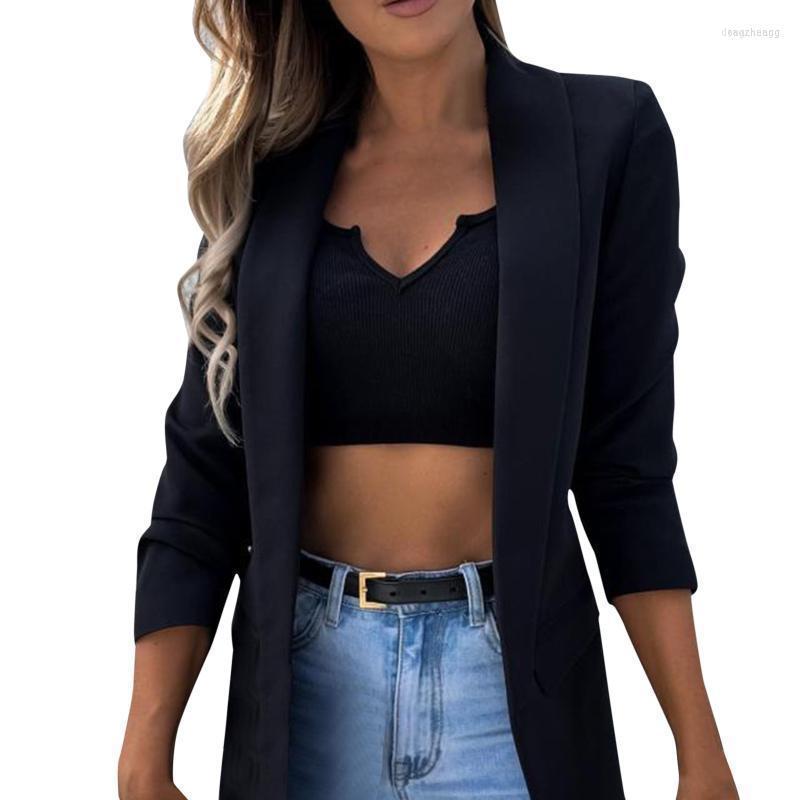 

Women's Jackets Women Fashion Blouse Turn Down Collar Solid Top Blouses Long Sleeve Thin Outwear Suit Tops Formal Soft Coat Jacket, Black