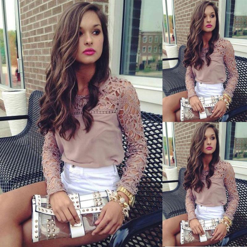 

Brand Fashion Women Spring Autumn Loose Casual Chiffon Long Sleeve Lace Tops Blouse Clothes Hollow Out Soft Cotton Clothing Women's Blouses, Pink