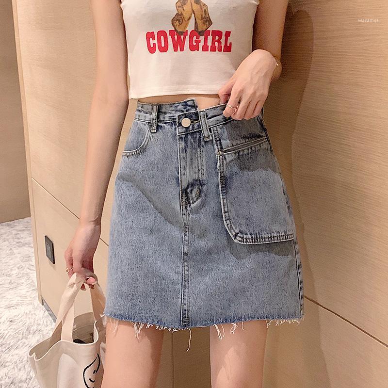 

Skirts Denim Womens 2022 High Waist Pocket Slim Mini Woman Summer Korean Style Chic Jeans Skirt Women Femme Jupes, Light blue