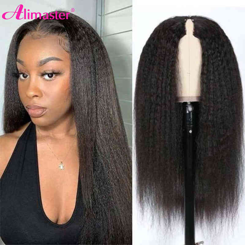 

U Leave Out Kinky Straight s For Women V Part No Glue Natural Curly Human Hair Wig, Natural color