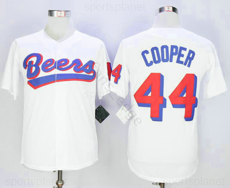 

Men Joe Coop Cooper #44 BASEketball BEERS Movie Jersey Button Down White Baseball Jerseys High Quality Fast Shipping 00146
