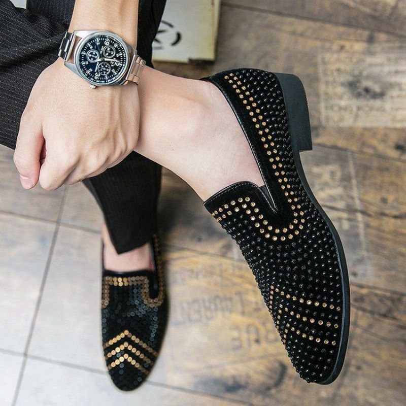 

High Quality Loafers Men Shoes Faux Suede Solid Color Trend Classic Pure Handmade Color Matching Rhinestones Casual Fashion British Daily Wear, Clear