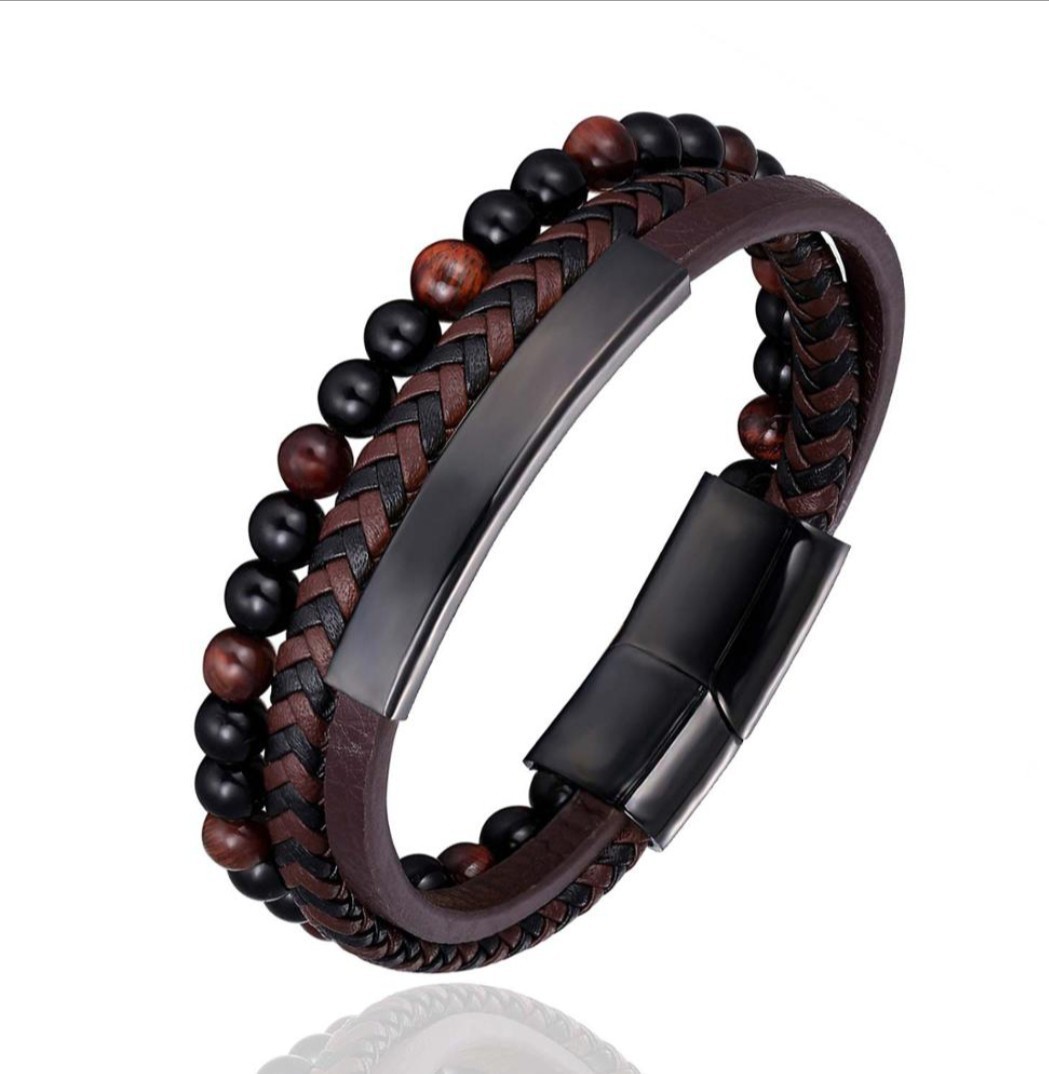 

Leather Leather Bracelet Men's Stainless Steel Rope Woven Accessories String Beads