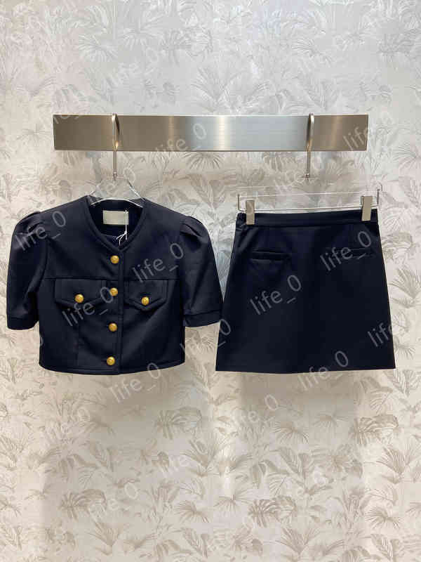 

Womens Two Piece Dress GU Puff Sleeve Design Cropped Top A-Skirt Set Metal Buttons Luxury Designer Spring Autumn Two Piece Set For Women Clothing, Black