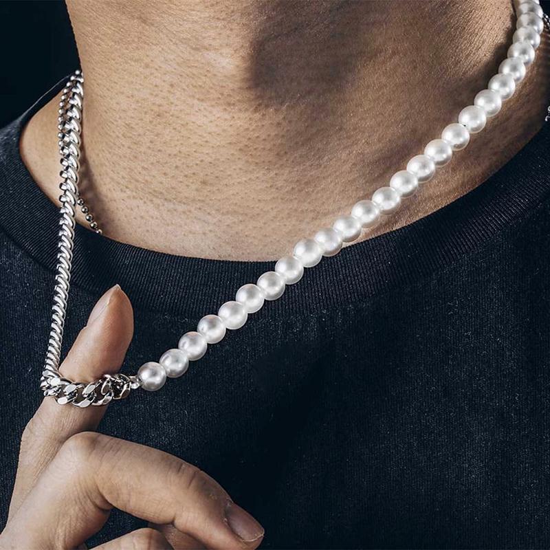 

Chokers Fashion Beads Necklace Men Hip Hop 6mm Imitation Pearl Bead Stainless Steel Cuban Chain For Jewelry GiftChokers
