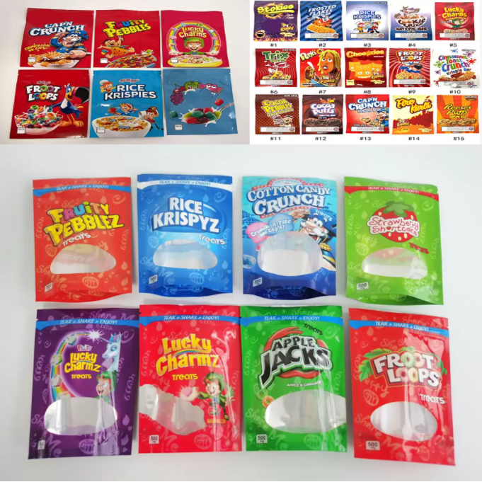 

cereal treats edible packaging mylar bags CAP'N crunch stokies trix fruity pebbles lucky charms rice krispies bar stand up pouch ll