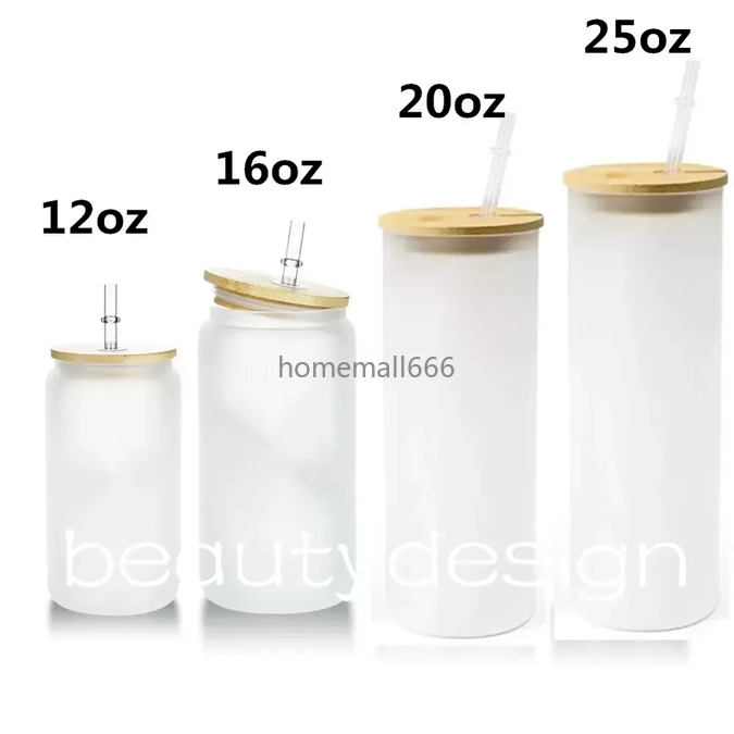 

NEW!!! 12oz 16oz 20oz 25oz Sublimation Glass Mugs with Bamboo Lid Straw DIY Frosted Clear Drinking Utensil Coffee Wine Milk Beer Juice Cold Tumblers AA, Frosted with lid and straw