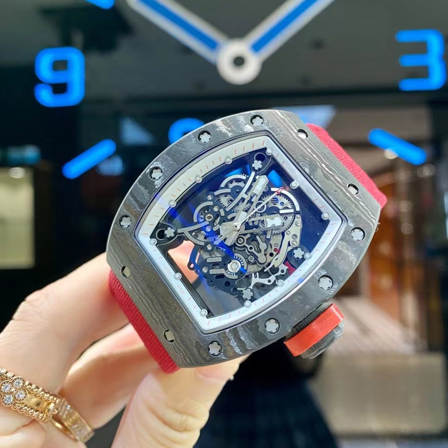 

7 colors RM055 Carbon Fiber Mechanical Men's Watch canvas Montre de Luxe Skeleton Hand Wind Hollowed out, Not sale