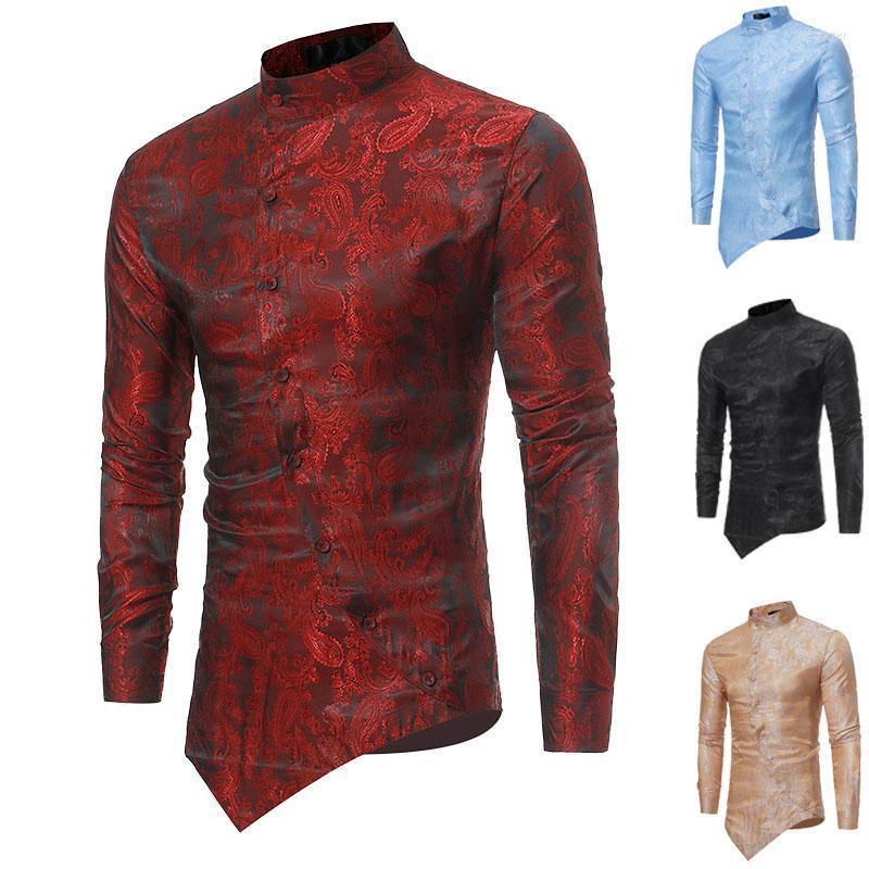 

Men' Dress Shirts Floral Paisley Foil Print Slant Cut Open Shirt Mens Oblique Button-Up Stand Collar Skinny Top Vintage Slim For Men WhiteM, Black