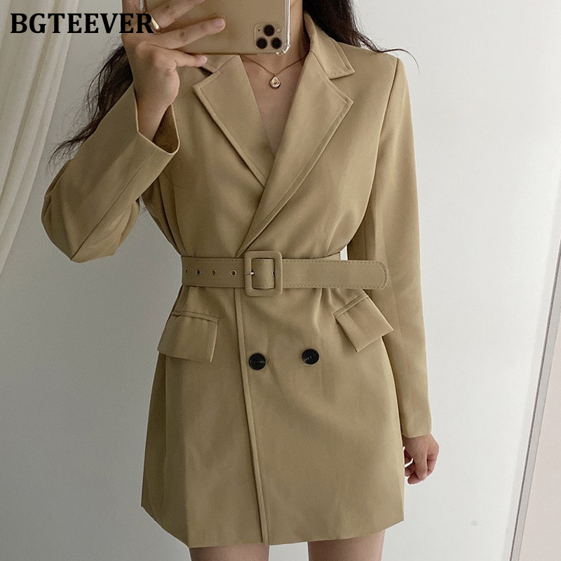 

Fashion Autumn Winter Women Blazer Full Sleeve Double Breasted Sashes Female Suit Jackets Casual Loose Ladies Outwear, Black