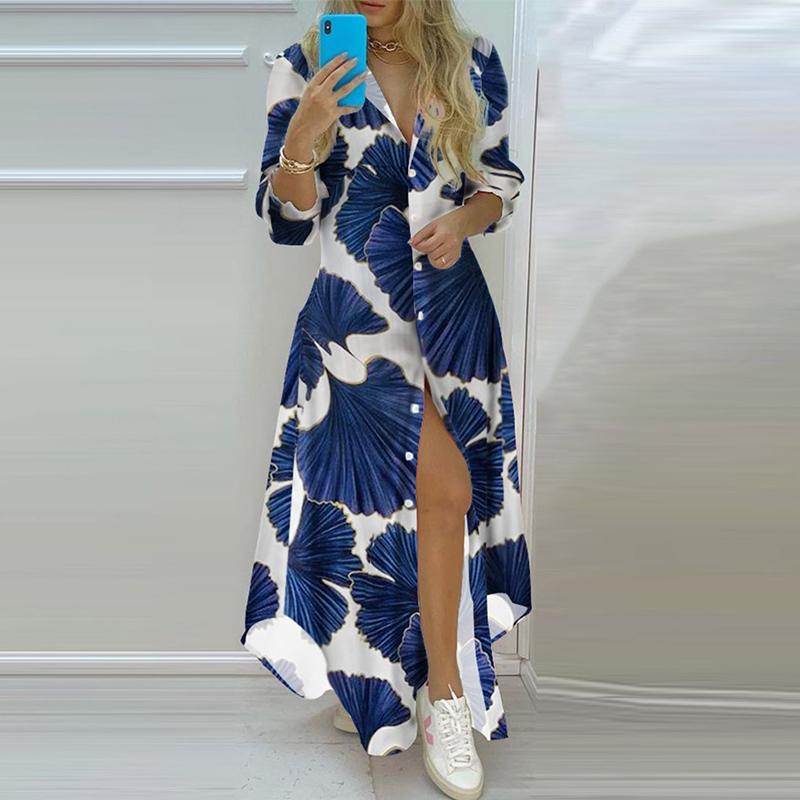 

Casual Dresses Summer Woman Long Shirts Dress Turn-Down Collar Button Maxi 2022 Fashion Elegant Sleeve Party DressCasual, Blue