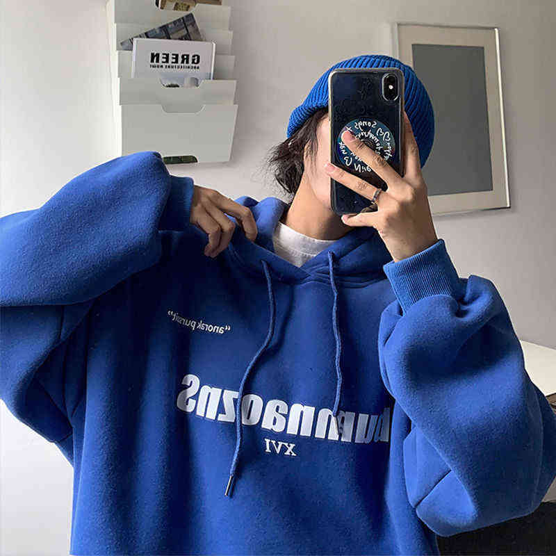 

100% Cotton Klein Blue Fleece Hoodies Men Retro Autumn and Winter Loose Casual Trend Couples Sweatshirt Japanese Streetwear T220726, White