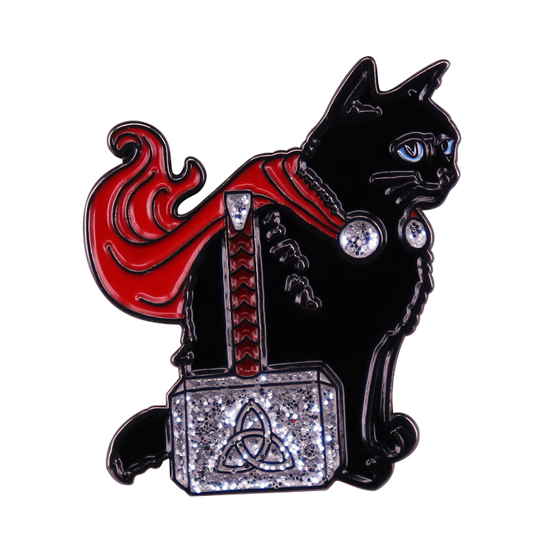 

Black Cat Magical Kawaii Kitty with red cloak Enamel pin Witch badge Jewelry accessories, As picture