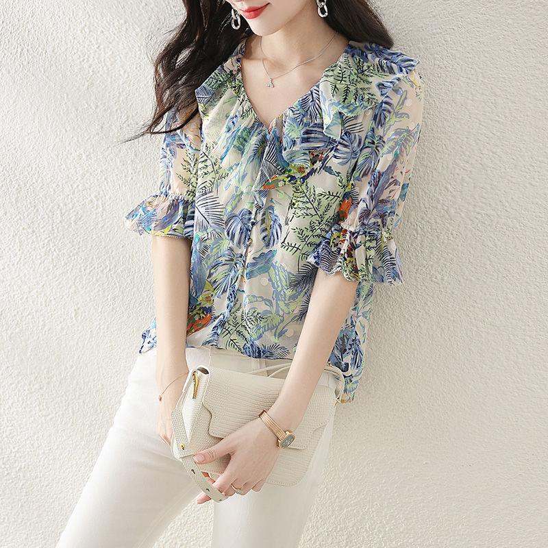 

Women's Blouses & Shirts Vintage Printed V-Neck Flare Sleeve Oversized Ruffles Chiffon Blouse Summer Casual Tops Loose Women's Clothing, Blue