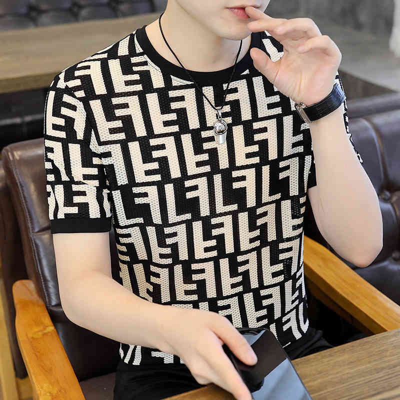 

European short t-shirt fashion brand 2022 summer new half sleeved high-end men's large size T-shirt, Black and white squares-t-69 / 10620