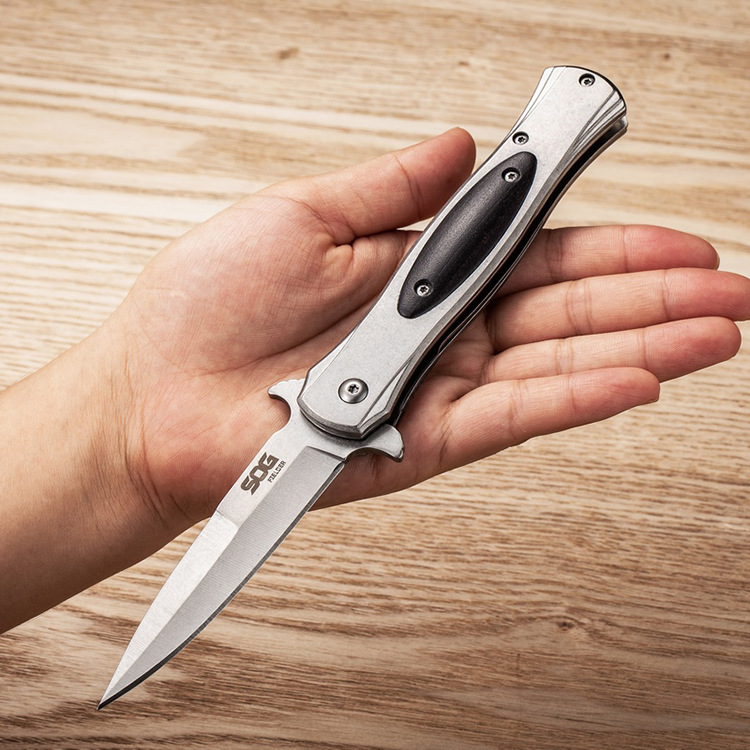 

Top Quality SOG Assisted Folding Knife 440C Satin Blade Wood with Stainless Steel Sheet Handle Outdoor EDC Pocket Tactical Knives