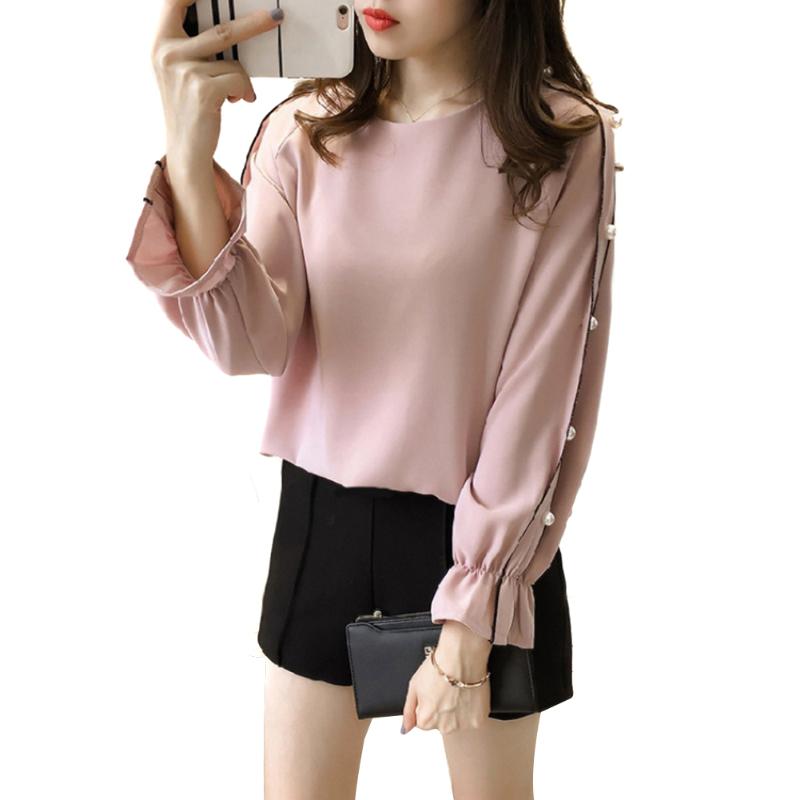 

Women's Blouses & Shirts Women Large Size Autumn Korean Beaded Long Sleeve Bottom Shirt Round Neck Solid Color JL, White