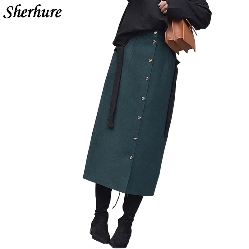 

Harajuku Autumn Skirt High Waist Solid Button Skirts Vintage Slim Female Skirts Saias Midi Jupe Femme Streetwear Y200326, Dark khaki