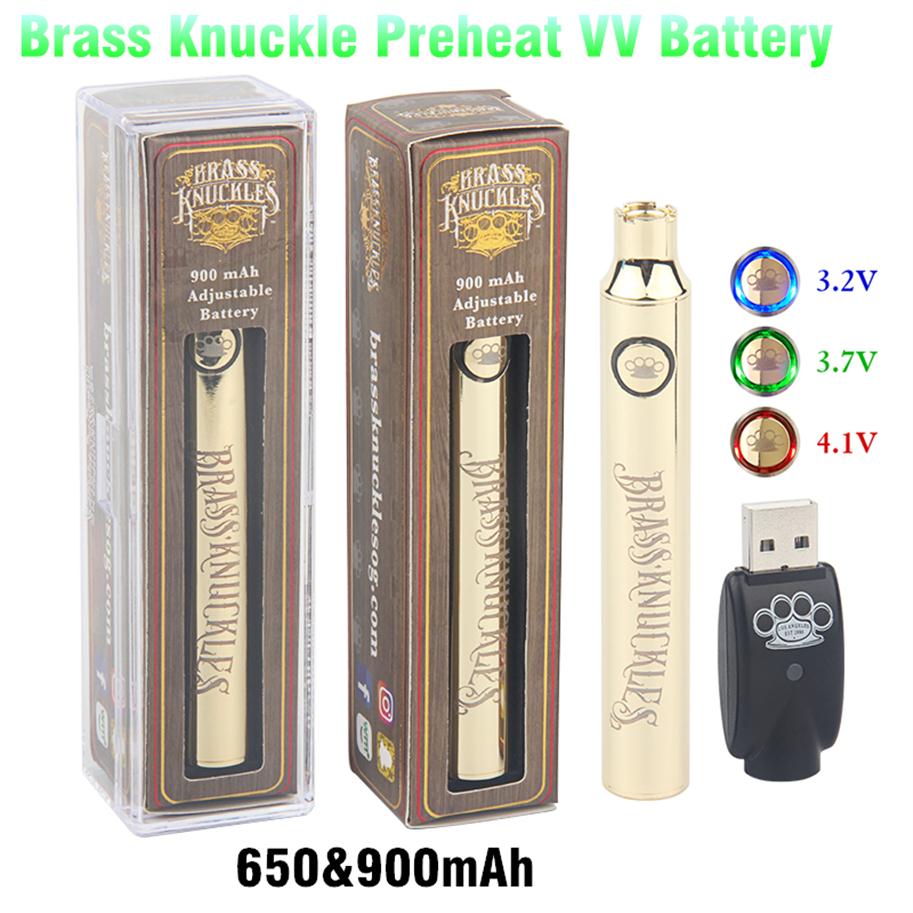 

Brass Knuckles Battery 650mAh Good 900mAh Wood SS Vape Pen Preheat VV Variable Voltage For 510 Thread Carts Cartridge292G