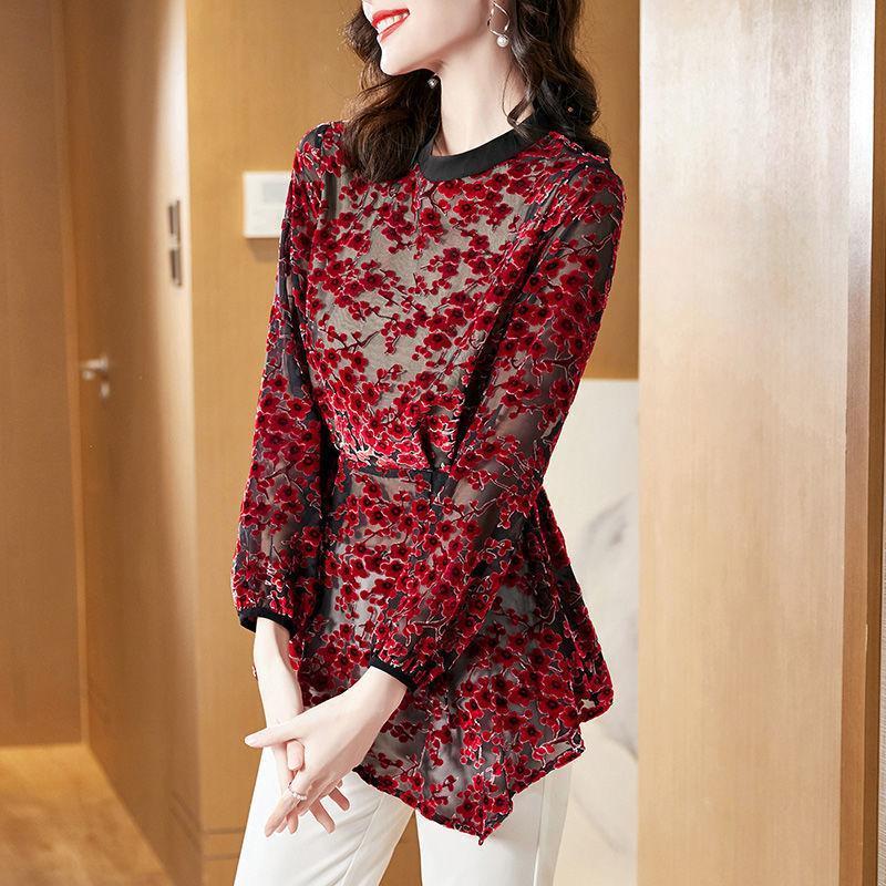 

Women' Blouses & Shirts Women Blouse Frole Blossoms 2022 Autumn Fashion Shirt Small Waist Foreign Air Hollow Burning Flower Long Sleeve, Red