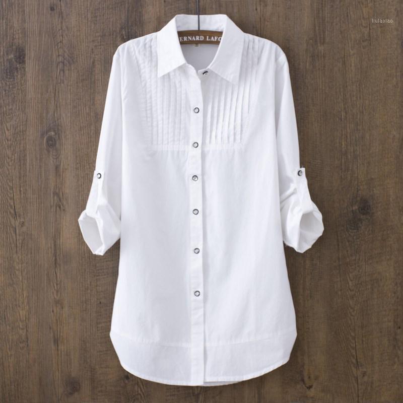 

Spring Korea Medium Long White Shirts Women Cotton Sleeve Slim Shirt Single Button Blouse OL Lady Casual All Match Clothing Women' Blouses