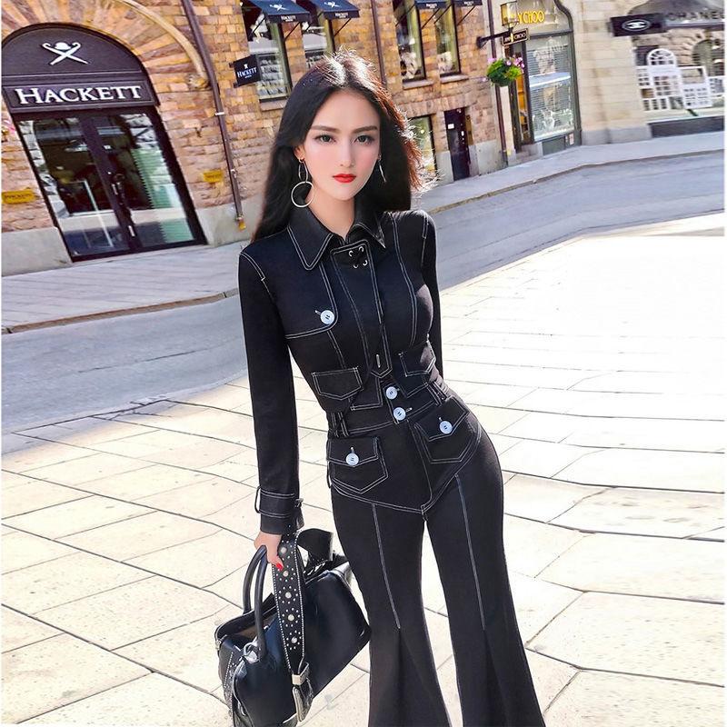 

Women' Two Piece Pants 2022 Spring And Autumn Leisure Waist Closing Cowboy Suit Fashion Slim Two-piece Sweat Suits Women Matching Sets, Black