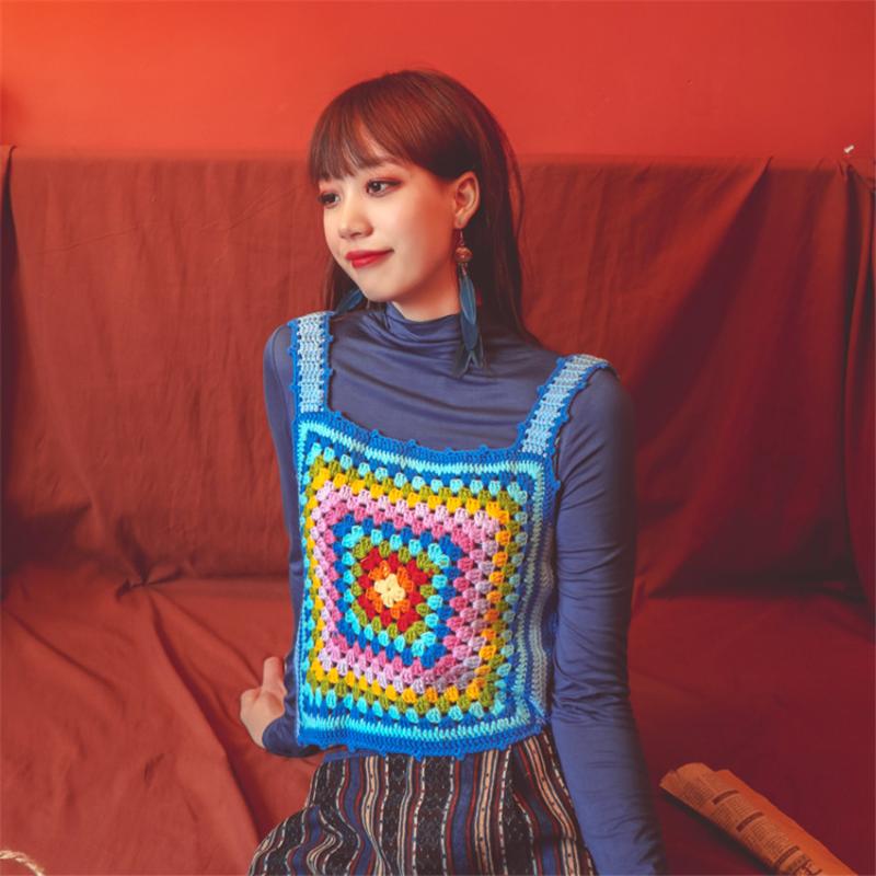 

Women's Tanks & Camis 2022 Bohemian Retro Crochet Tank Tops Women Sleeveless Colorful Knitted Cropped Holiday Beachwear Mujer, Blue