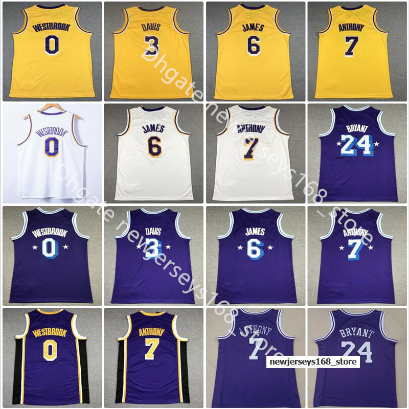 

2022 Los Angeles''Lakers''Men Basketball Carmelo Anthony 7 Russell Westbrook 0 Blue White Yellow Purple Black Color 6 James Top Quality, As picture