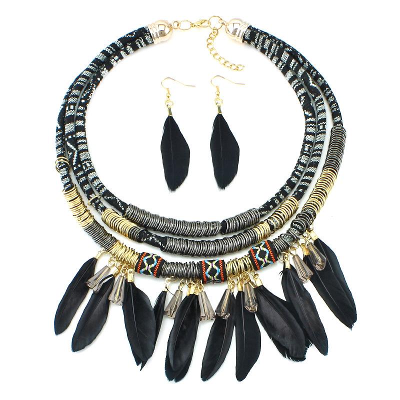 

Earrings & Necklace African Jewelry Set Feather Pendant Multi Layers Tribal Bib Statement Earring For WomenEarrings, As pic