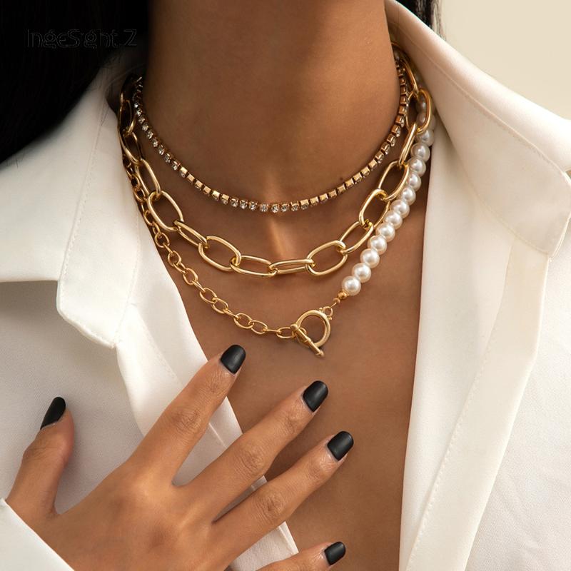 

Chains IngeSight.Z Punk Thick Miami Curb Chain Imitation Pearl Toggle Lasso Choker Necklace Rhinestone Crystal Collar Necklaces JewelryChain