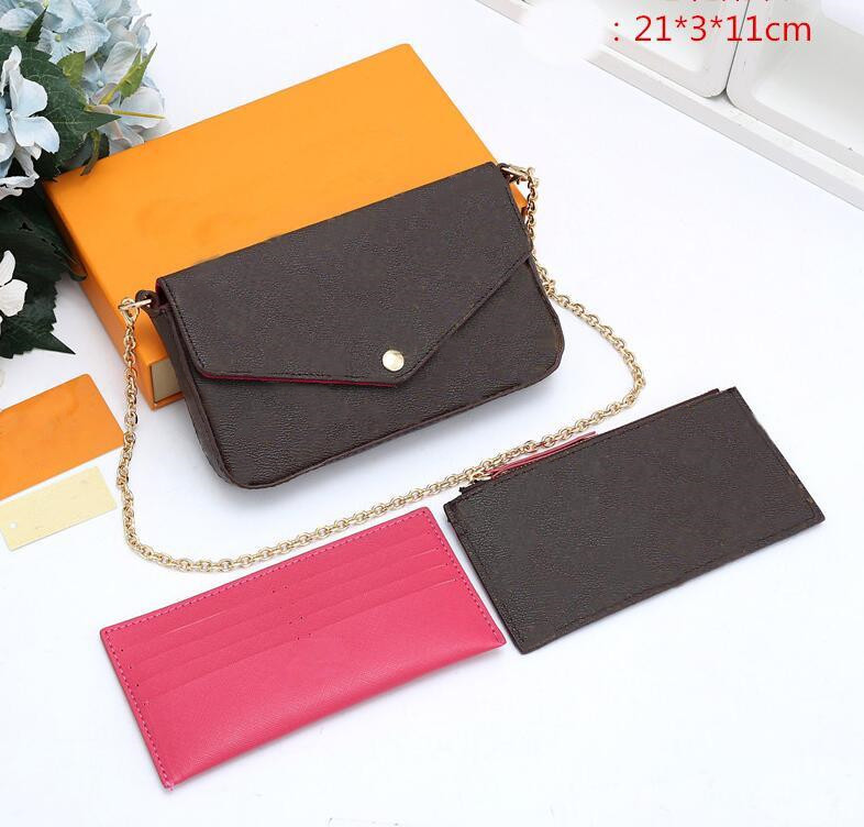 

Top Quality Print Mobile phone bag wallet three-piece, Embossing wallets three-in-one Gold chain single shoulder Messenger detachable purses come with Box L0987