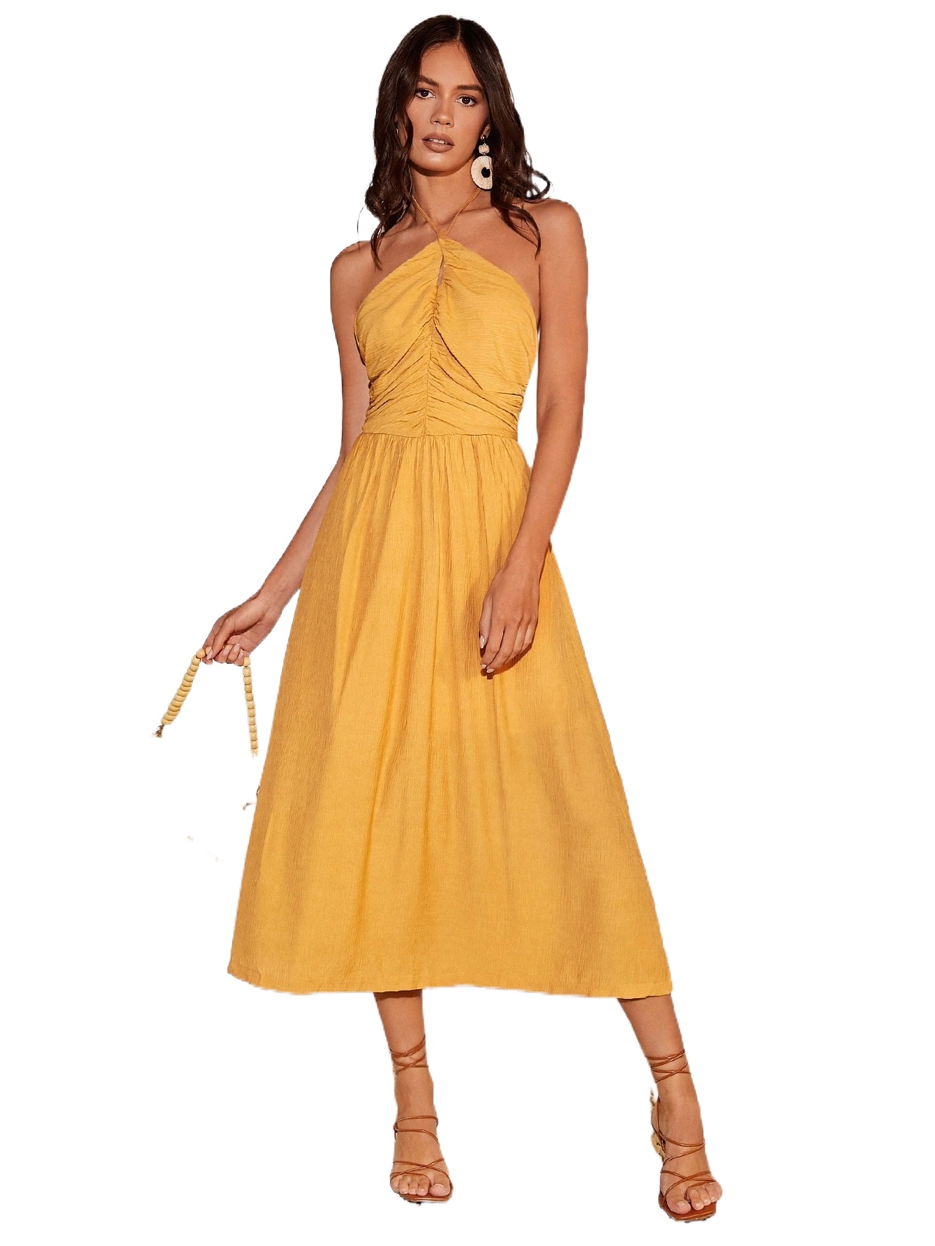 

ruched Cut Out Backless Halter Dress b8Nh#, Mustard yellow