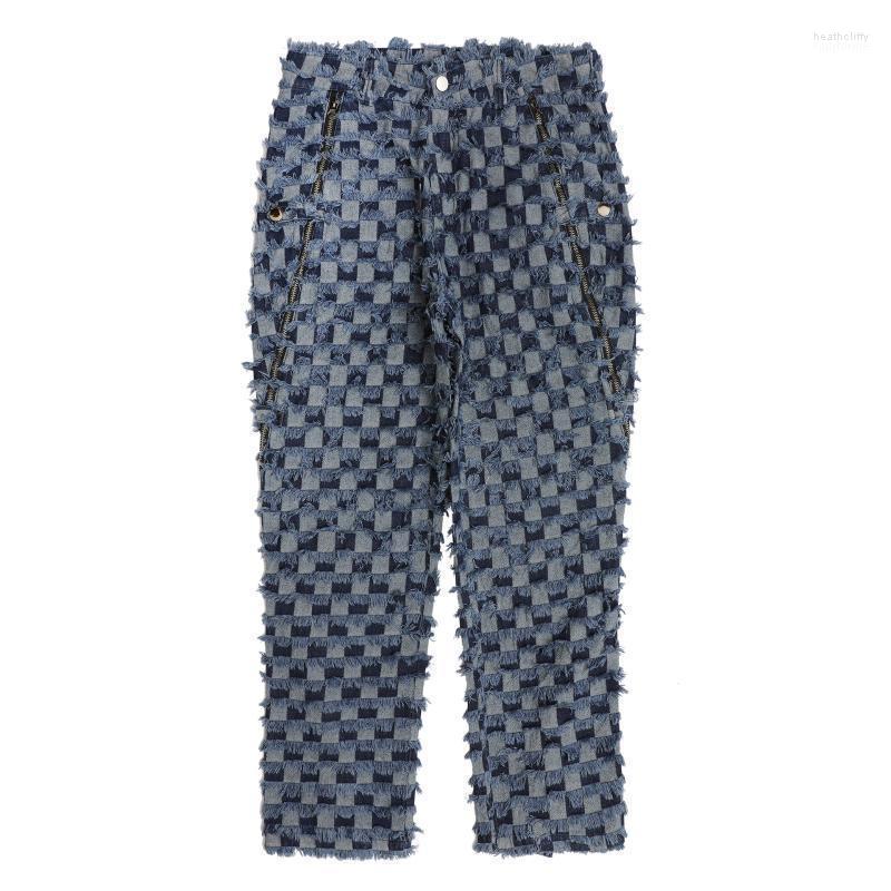 

Men' Jeans Autumn And Winter Clothing Personality Trim Edge Plaid Hit Color Burnt-out Loose Casual PantsMen' Heat22, Black