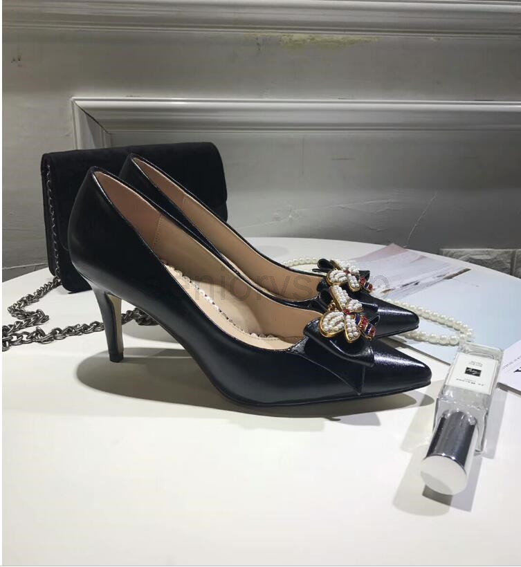 

Brand Women Leather mid-heel pump with bow with metal bee Point toe Red White and Black Color 70MM and 50MM Heel Women Wedding Pump Shoes