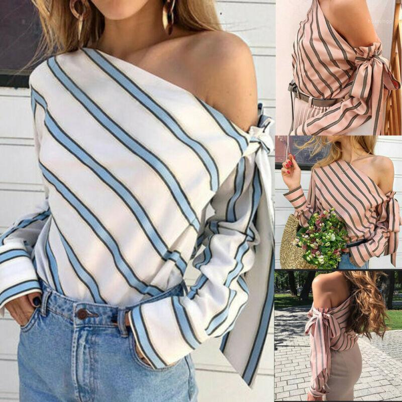

Sexy Women Off Shoulder Stripe Summer Fall Spring Beach Casual Loose Bowknot Blouse Blusas Female Clothes Feminina Streetwear Women, Blue