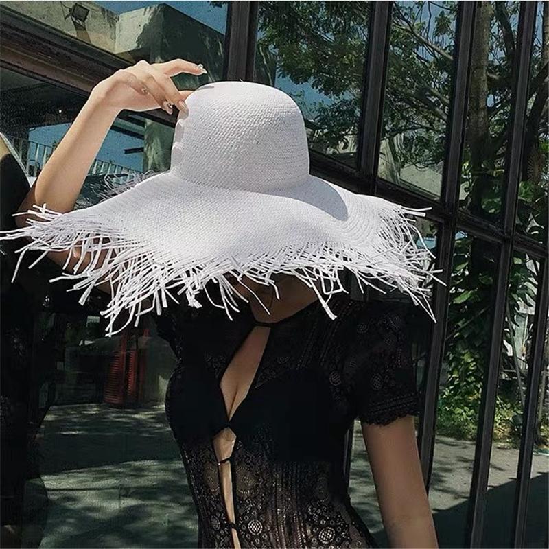 

Wide Brim Hats Women Oversized Hat Lager 18-20cm Tassel Beach Foldable Sun Shade Visor Cap Ladies White Black Paper Straw Caps
