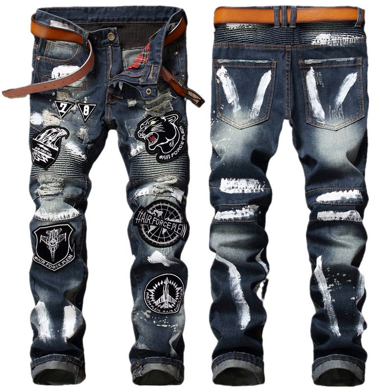 

Unique Mens Jeans Distressed Pleated Tiger Badge Ripped Fashion Designer Retro Washed blue Motorcycle Straight leg Denim Pants nn01-2hjl, Picture