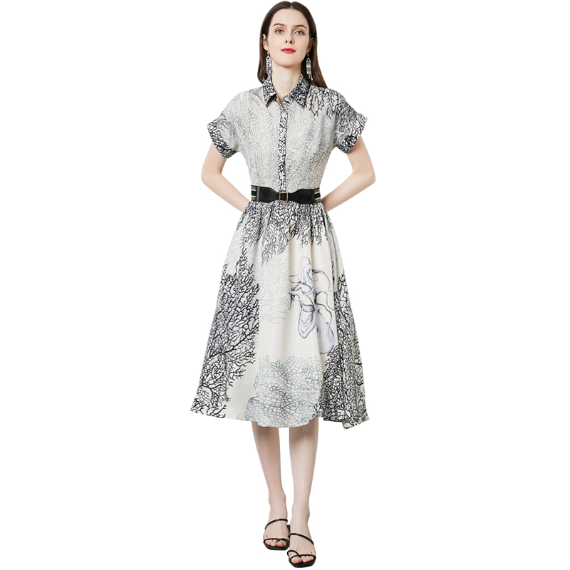

Summer Retro Lapel Button Up Shirt Dress Short Sleeve Woman Designer Elegant Print Slim Big Swing Party Dresses Runway Women Clothes Milan Style Midi Frock With Belt