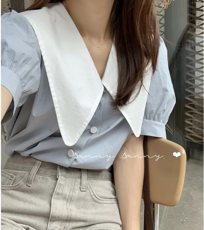 

Women' Blouses & Shirts Spring Vintage Blue Shirt Female Oversize Tops Women Short Sleeve Girls Blouse Summer Plus Size Femme Blusas