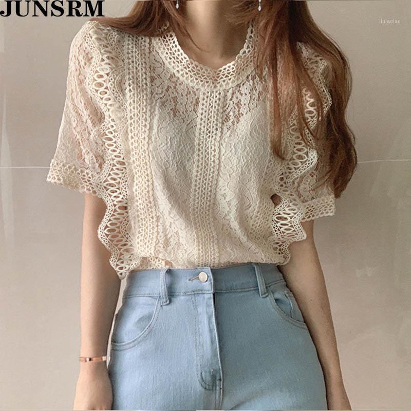 

Womens Tops And Blouses 2022 Summer Women Shirt High Street Chic Korean Lace Blouse Hollow Out All Match Shirts Women's &, Black