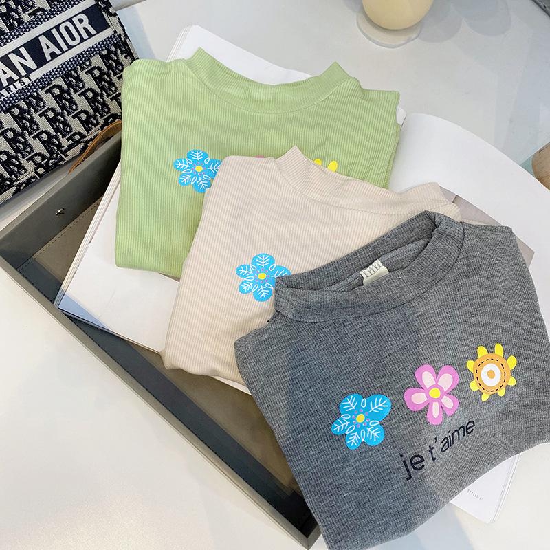 

T-shirts Autumn Girl Kids Bottoming Tshirt Child Cute Long Sleeve Cotton Tops Casual Baby Flowers Letter Print For 2-7 YT-shirts T-shirtsT-s, Beige