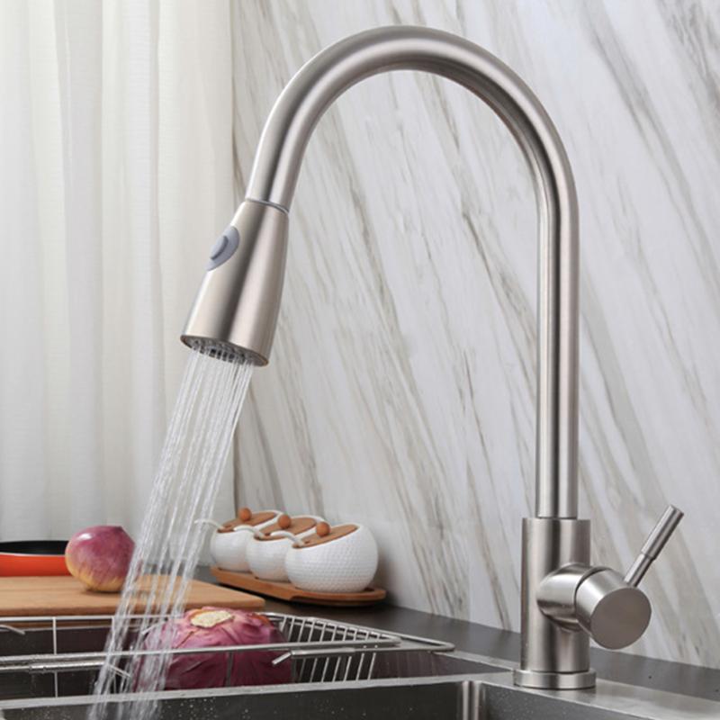 

Kitchen Faucets Practical Pull-out Stainless Steel Single Hole Sink Tap Rotatable Handle Faucet Taps Fixture
