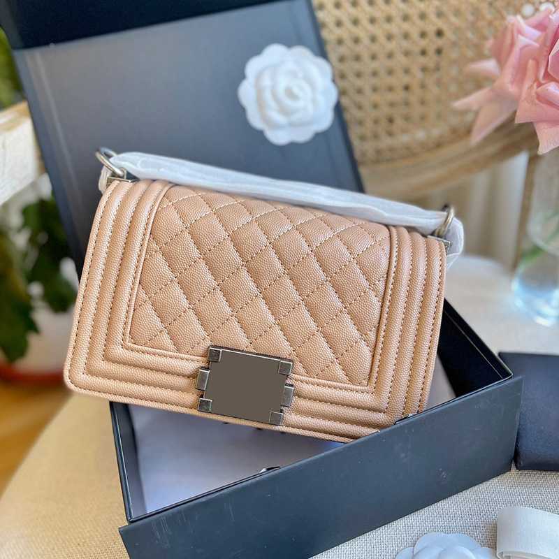 

Classic Mini Boy Caviar Vinatge Bags Calfskin Genuine Leather Quilted Aged Silver Hardware bag Chain Strap Crossbody Shoulder Womens Designer wallet, Box
