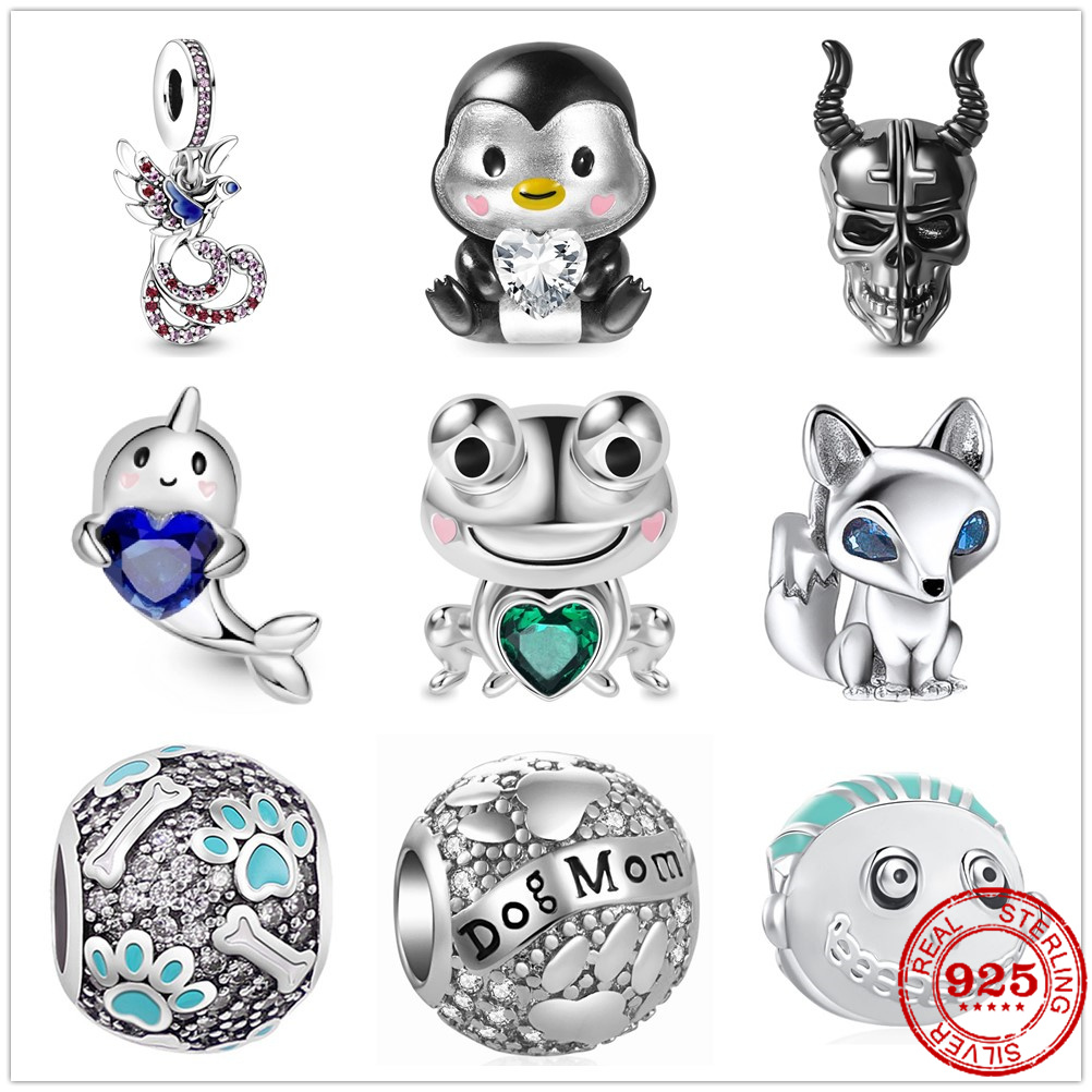 925 Sterling Silver Dangle Charm New Penguin Frog Dolphin Paw Fox Devil Beads Bead Fit Charms Bracelet DIY Jewelry Accessories