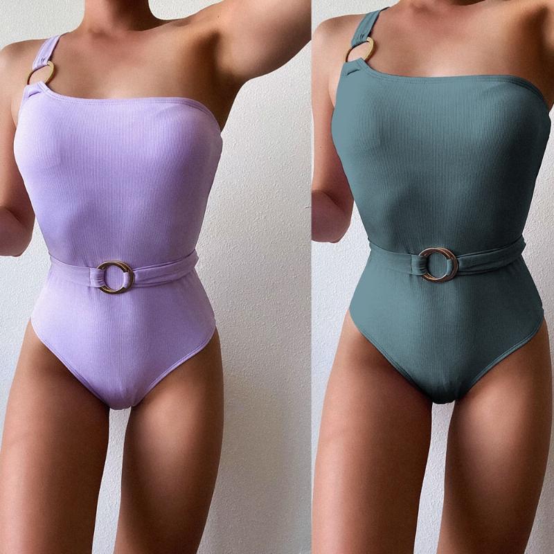 

Women' Swimwear 2022 Belted Beachwear Sexy Backless Bodysuit One Piece Shoulder Swimsuit High Cut Women Solid Bathing Suits