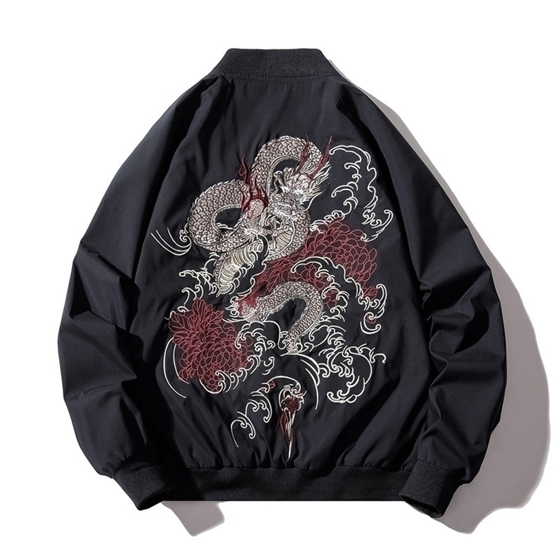 

Bomber Jacket Men Chinese Dragon Embroidery Pilot Jacket Retro Punk Hip Hop Jacket Autumn Youth Streetwear High Street Hipster 201128, Black